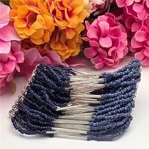 Blue 30 Row Seed Bead Stretch Bracelet Silver Tone Accent Boho 8"
